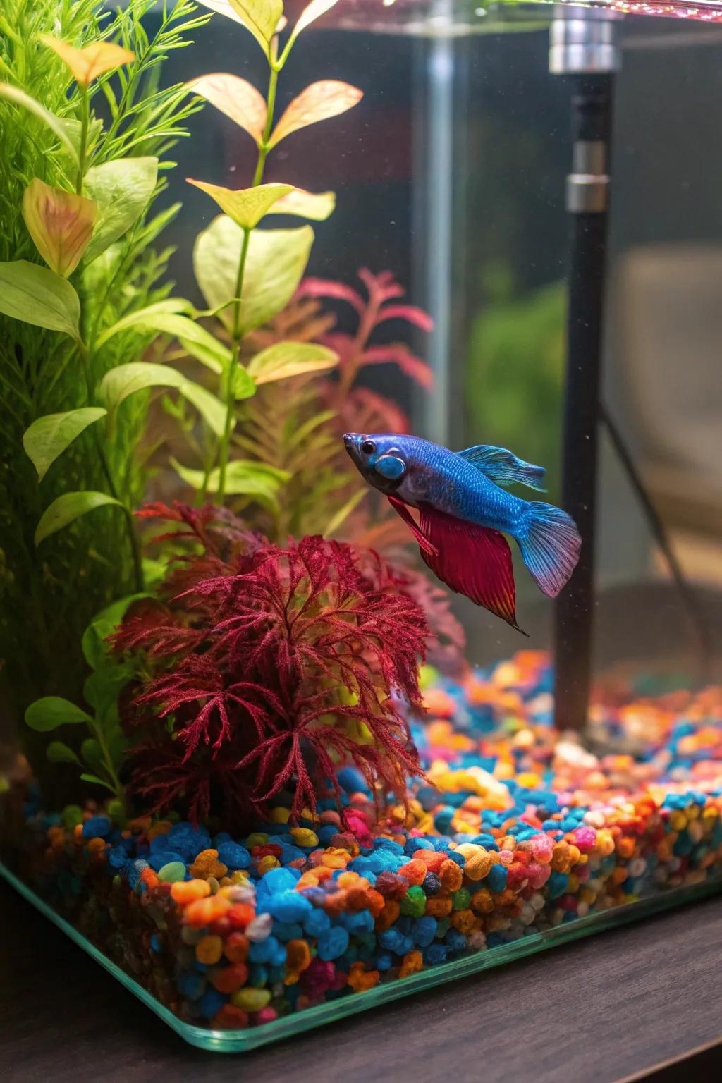 A chromatic burst of activity within a betta fish tank.