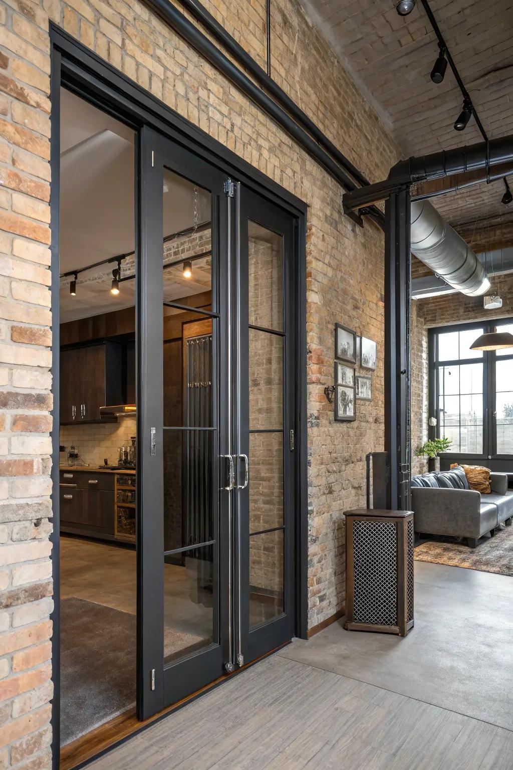 Industrial metal pulls highlight the urban loft look of folding doors.