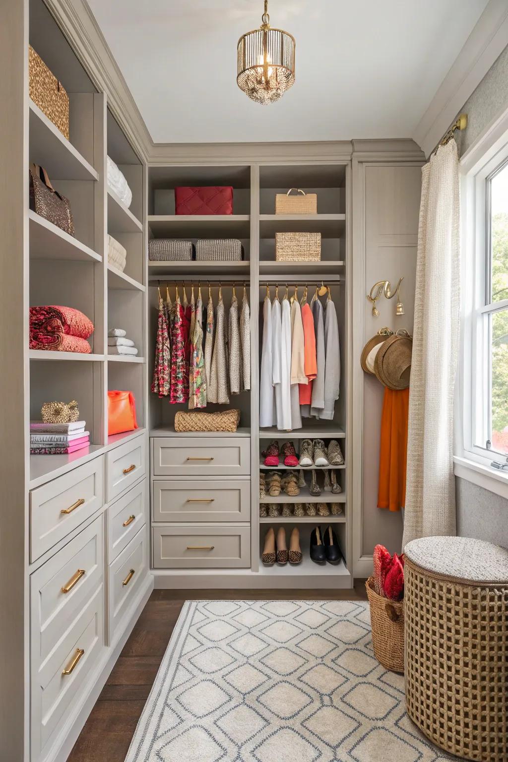 A closet with a harmonious color scheme showcasing both neutral and bold touches.