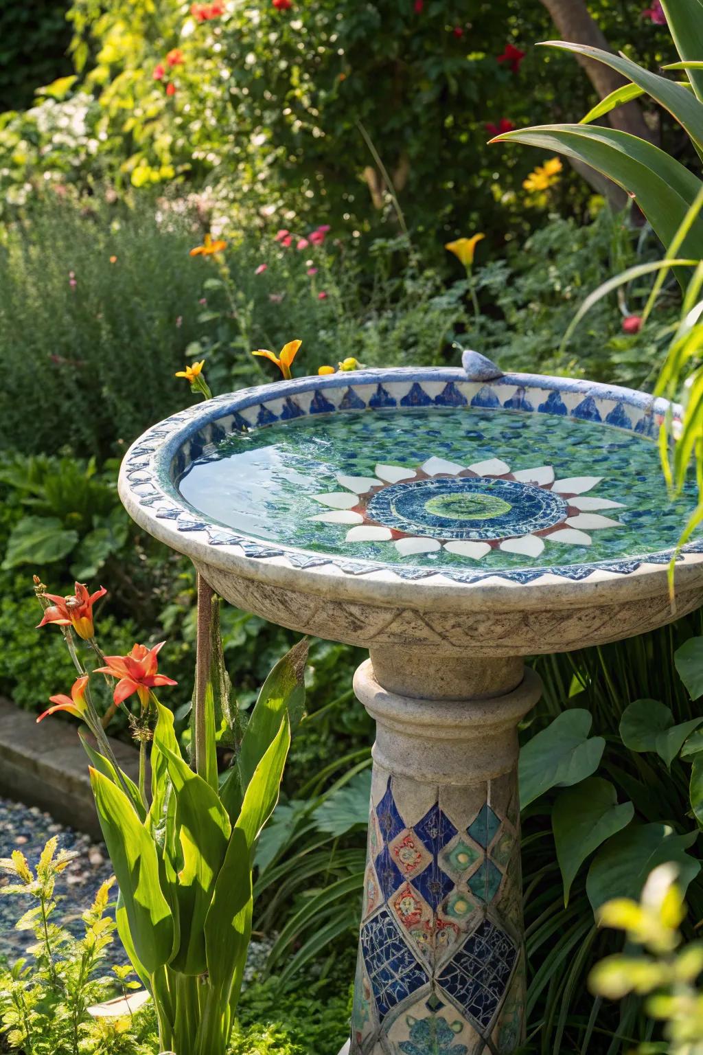 An artistic mosaic bird bath featuring blue and green tiles, injecting a creative flair into the garden.