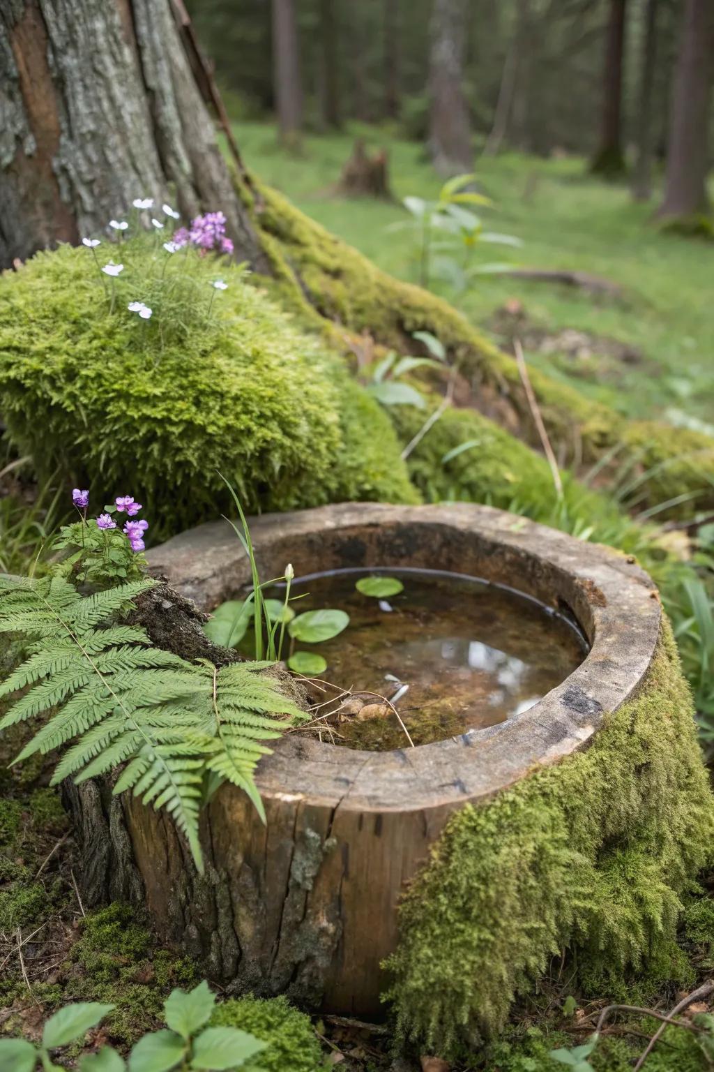 A log bird bath offers a rustic, natural setting for garden visitors.