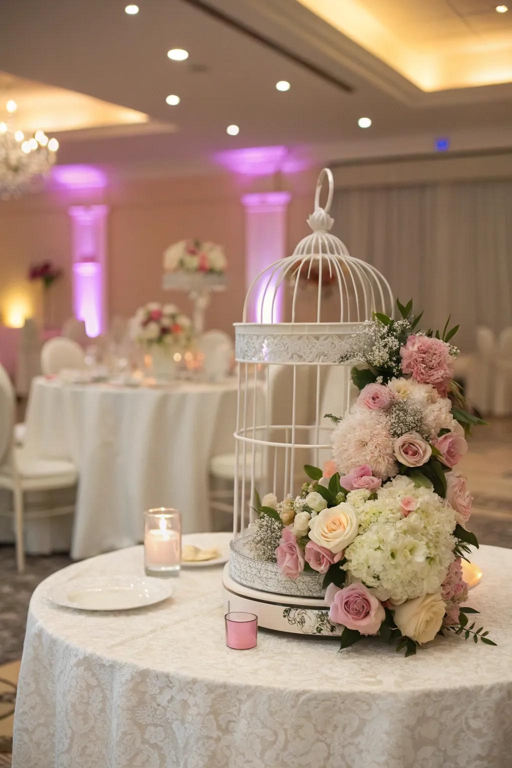 A marriage table decorated with a romantic bird cage centerpiece.