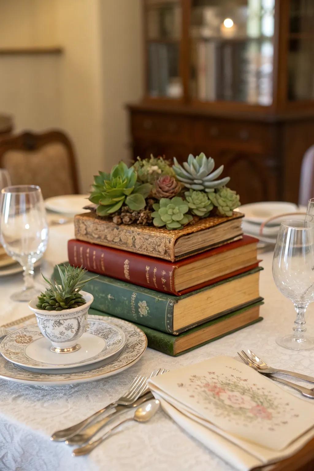 A vintage book stack centerpiece perfect for book enthusiasts.