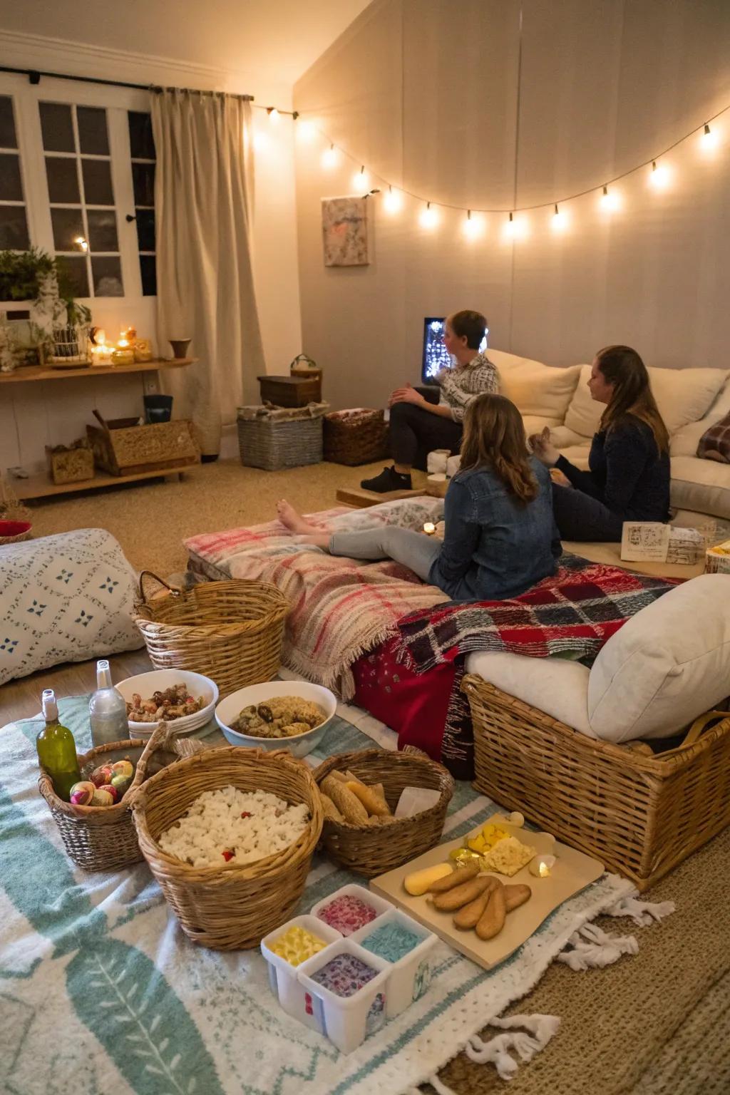 Relish an indoor picnic infused with warmth and elegance.