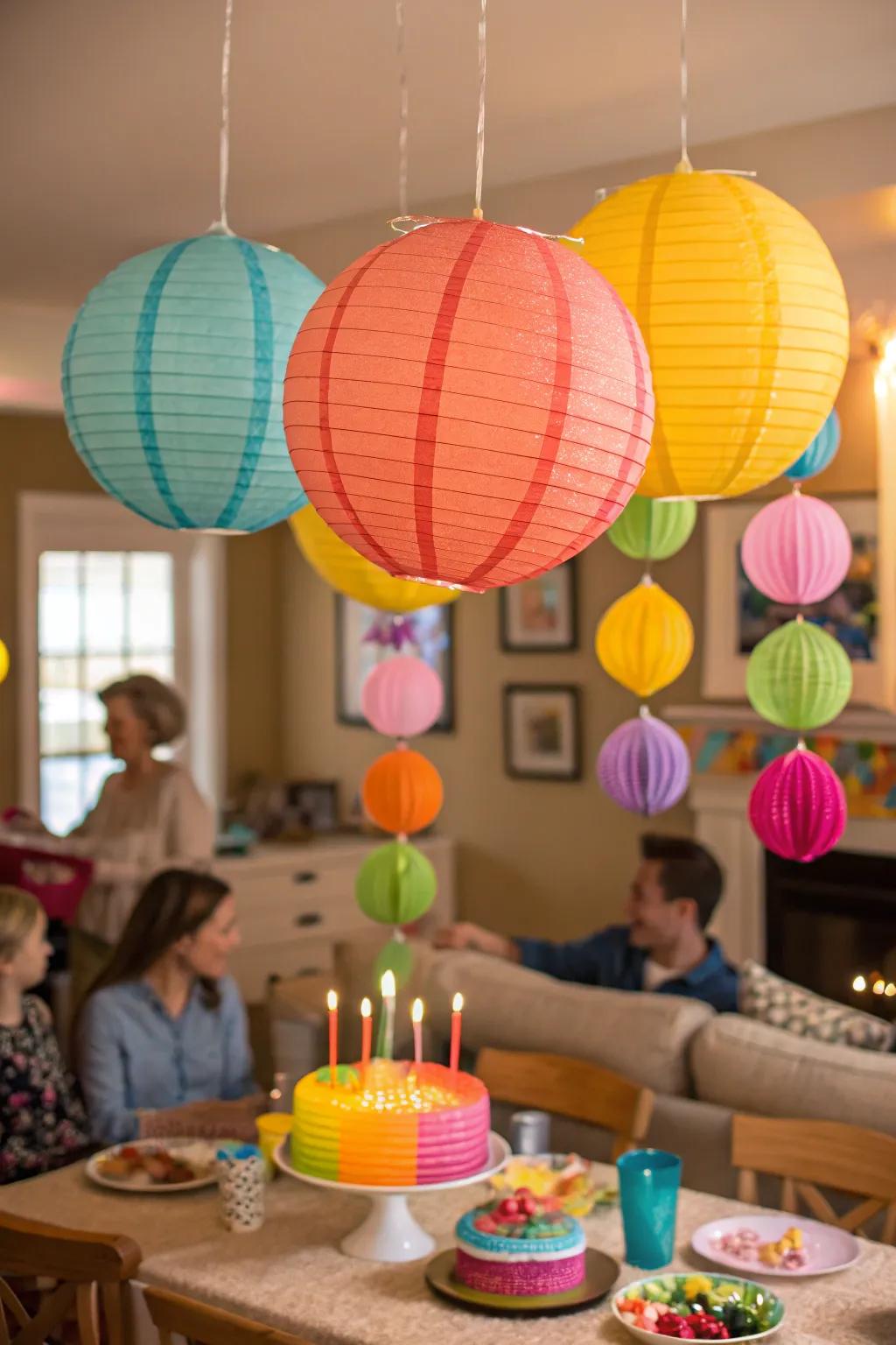 Paper globes contribute a captivating overhead display.