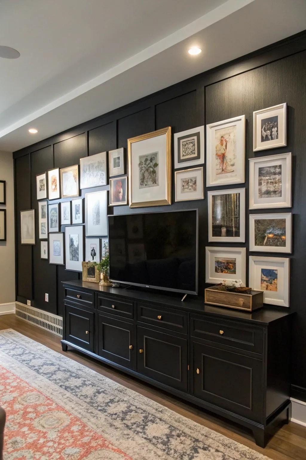 A decorative display contributes personality and style to a dark-toned statement wall.
