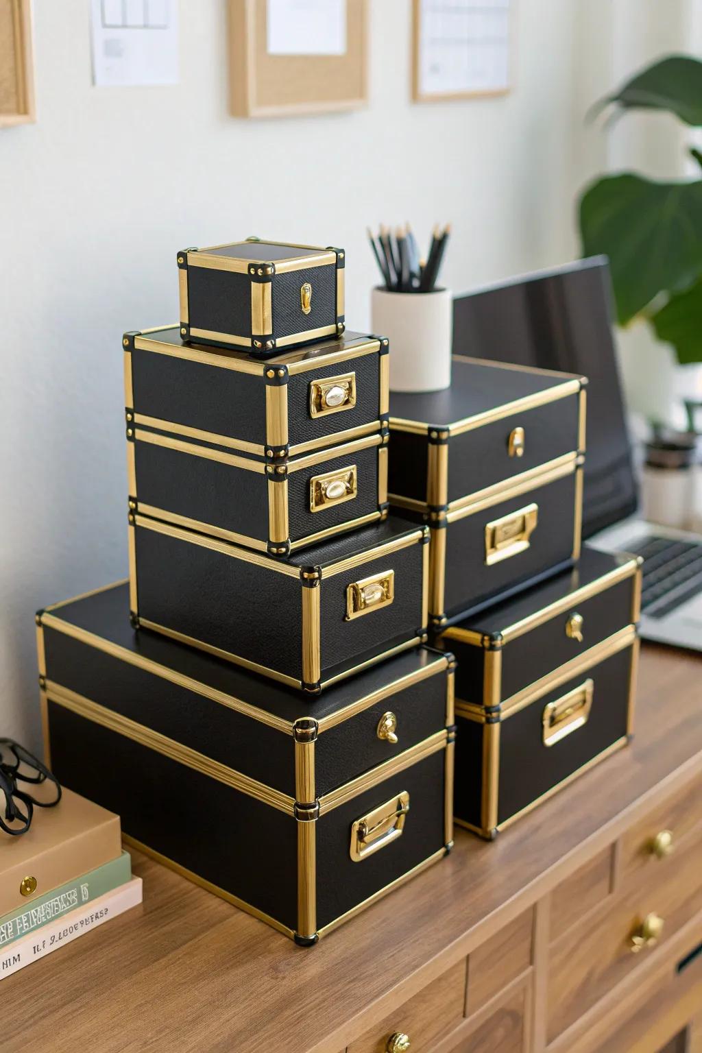 Ebony and gilded storage solutions sustain an organized and stylish workspace.