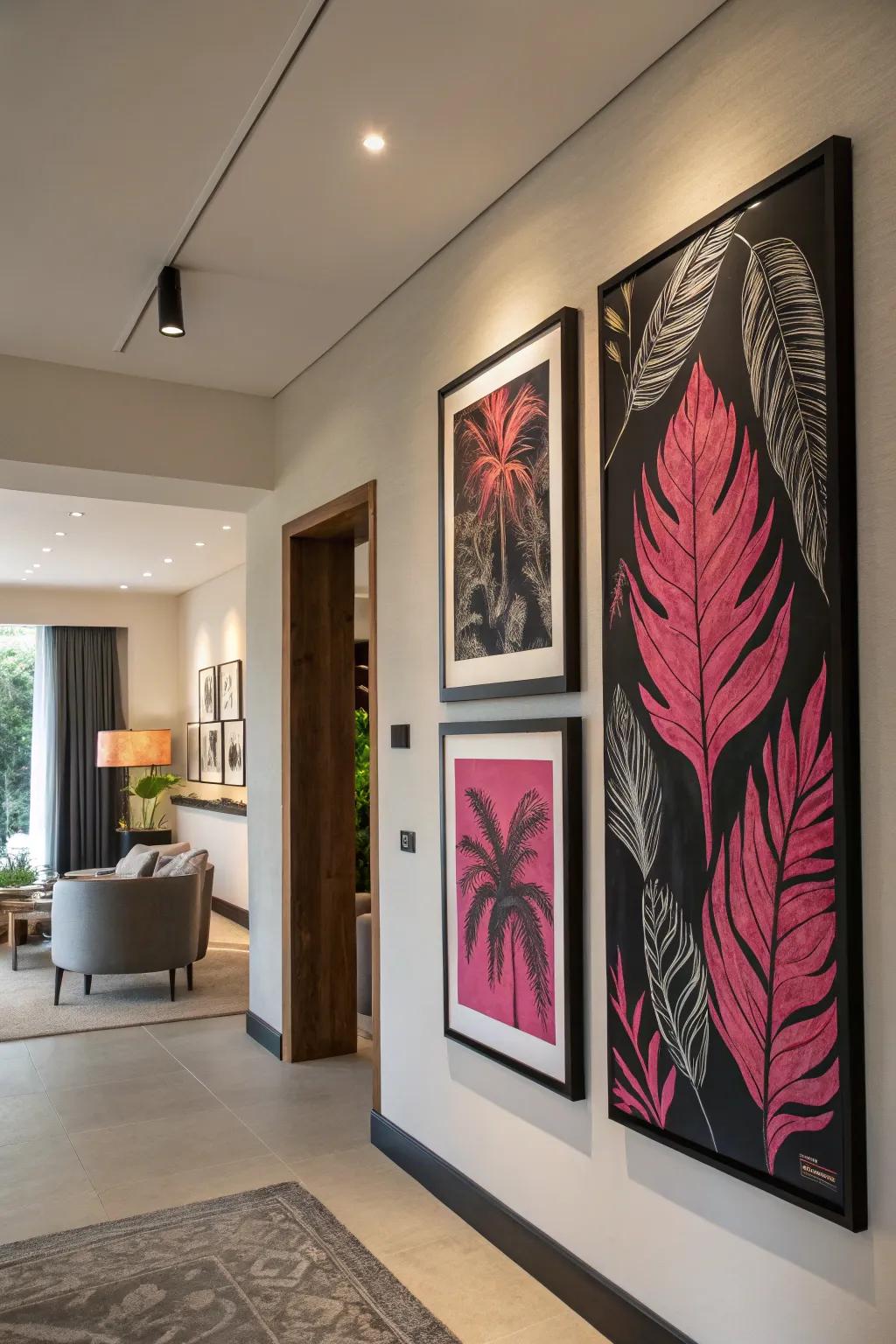 Art in matching hues weaves the room’s design together.