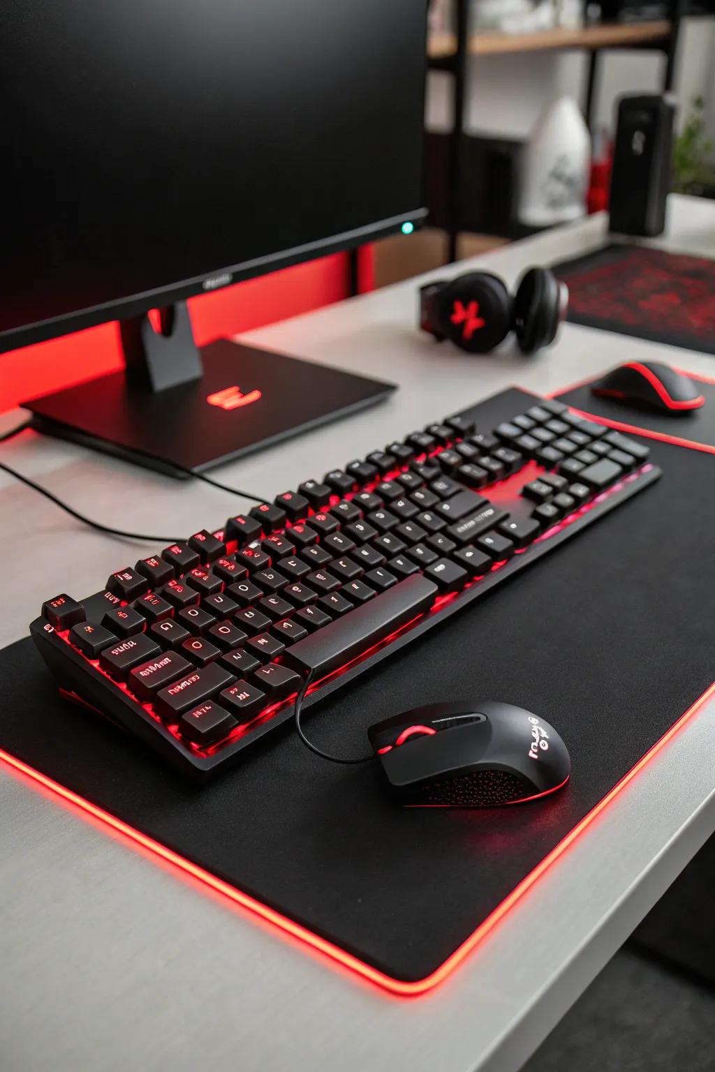 A black board and rodent illuminate with scarlet backlighting, refining the gaming setup.