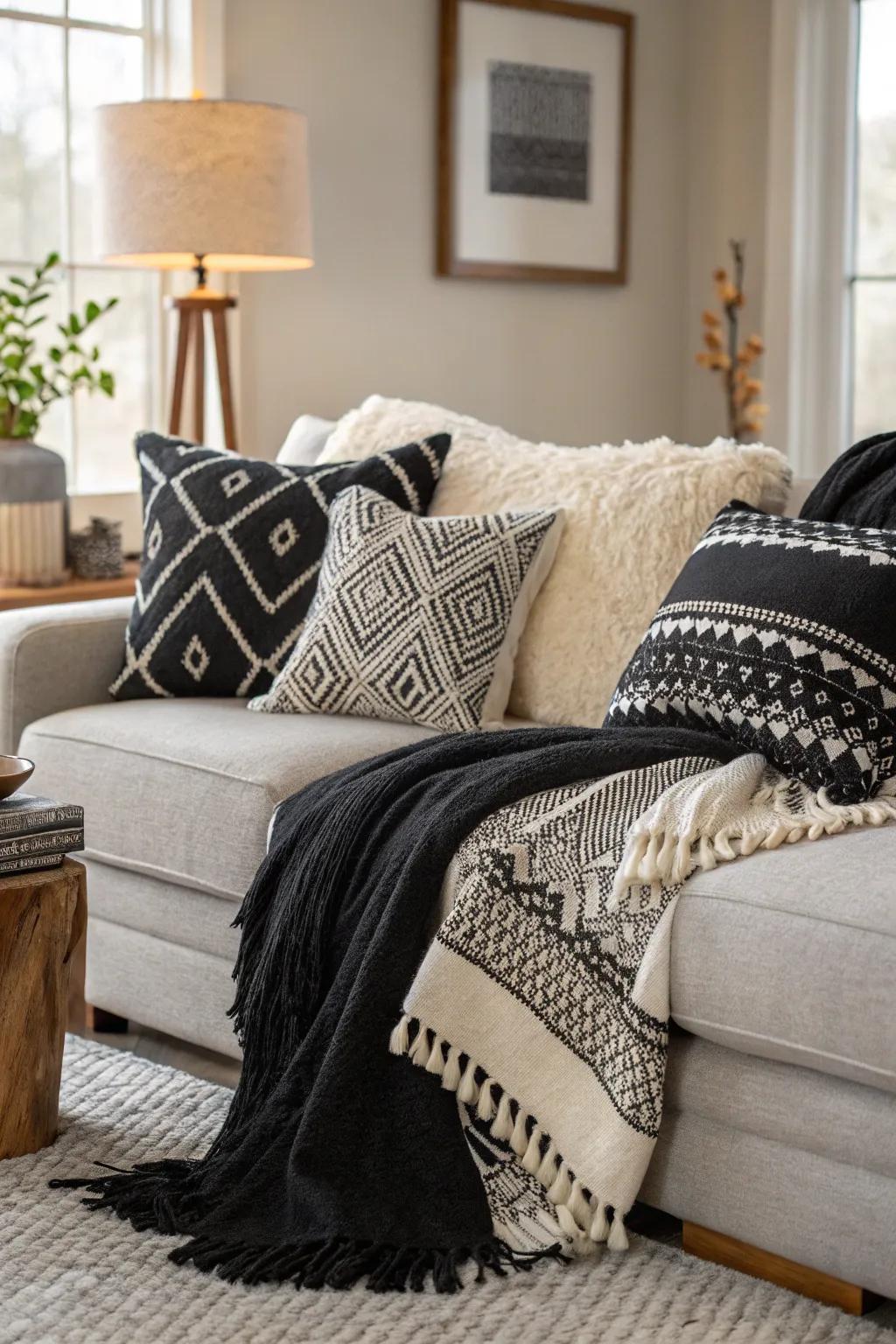 Structured dark and pale pads and throws that add warmth to the sitting room.