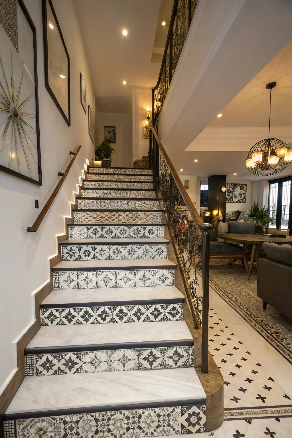 A staircase clad in single-color tiles delivers both durability and flair.