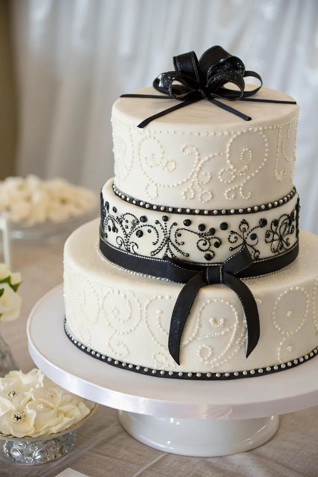 A two-toned black and white wedding cake makes a striking dessert centerpiece.
