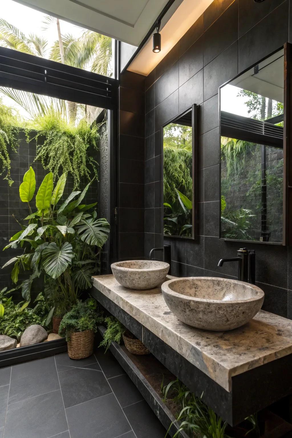 Natural elements transform a black bathroom into a spa-like sanctuary.
