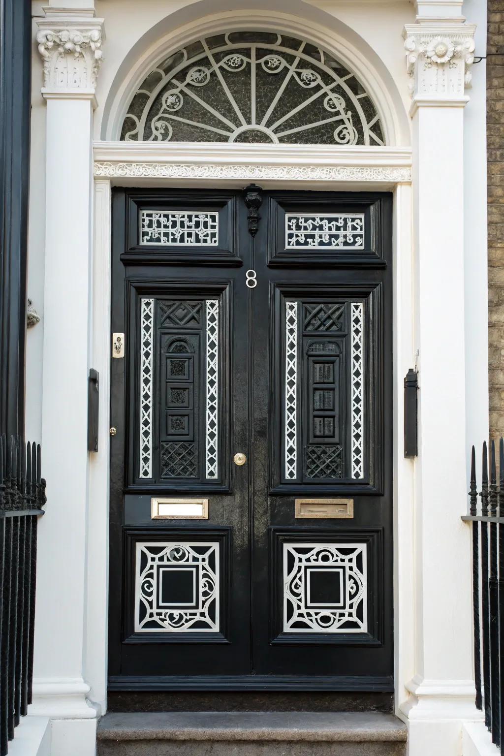 Geometric designs on a black door stand out beautifully with white trim.