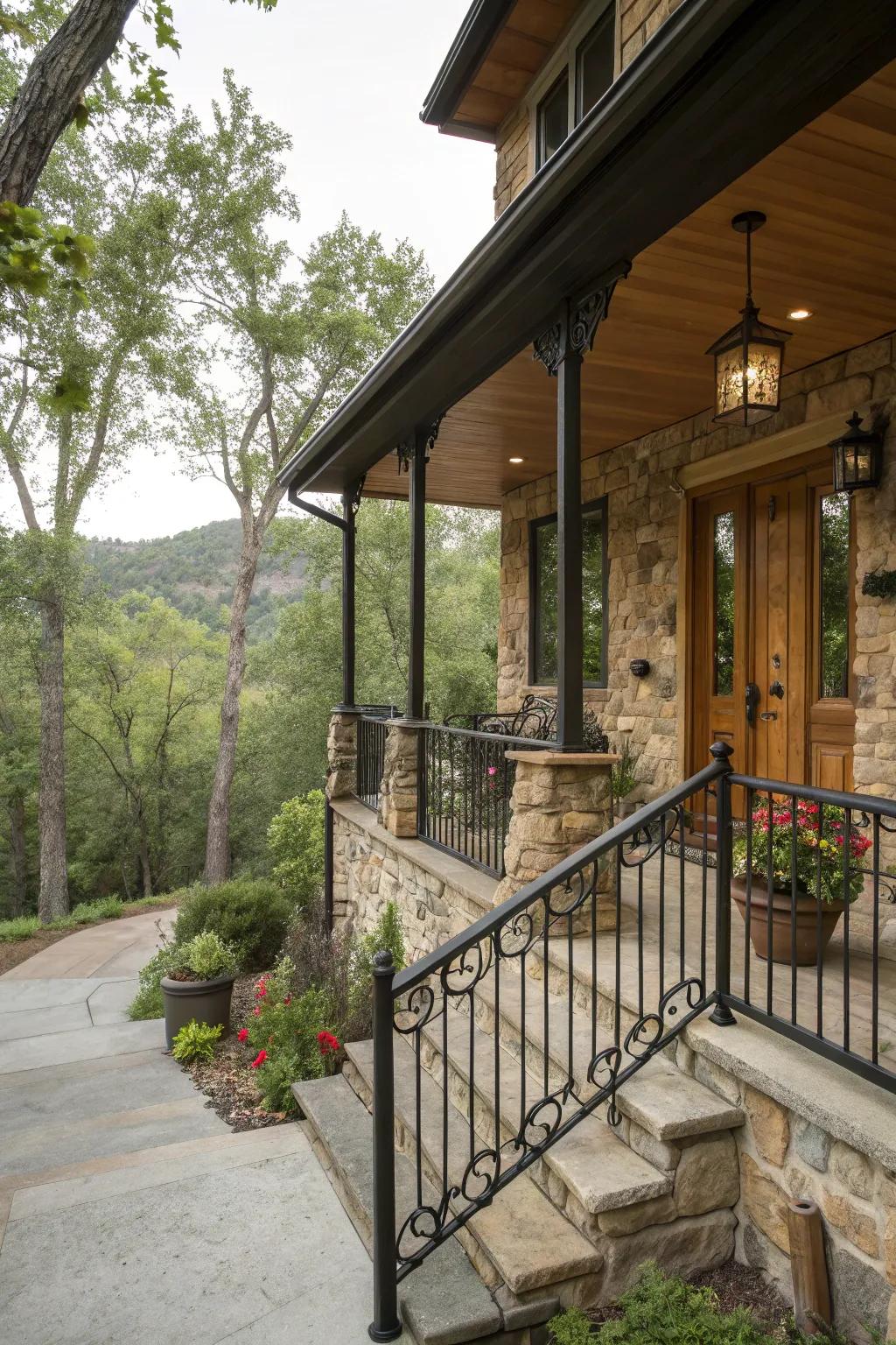 Country appeal with black railings and stone creates a welcoming, attractive porch.