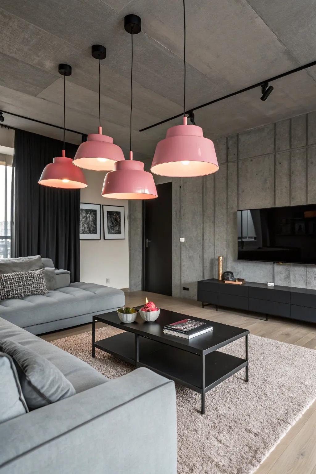 Pendant lights with a rose tint enhance the room's features.