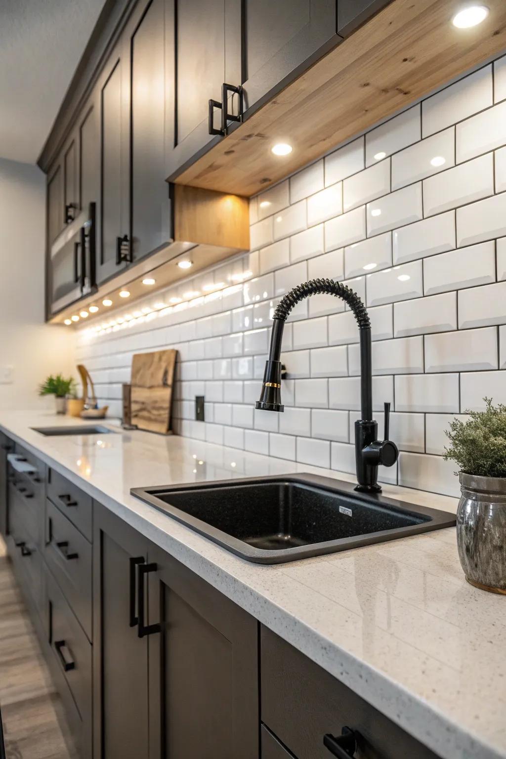 The textured backsplash beautifully complements the black faucet in this cooking area.