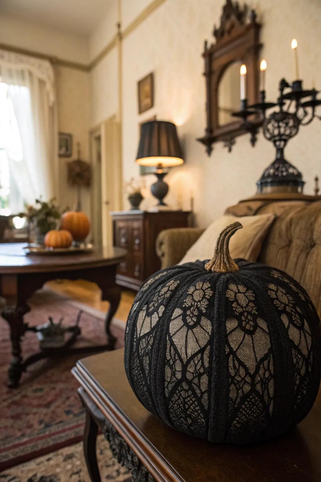 An ebony gourd featuring a netted overlay, harmonizing refinement and spookiness.