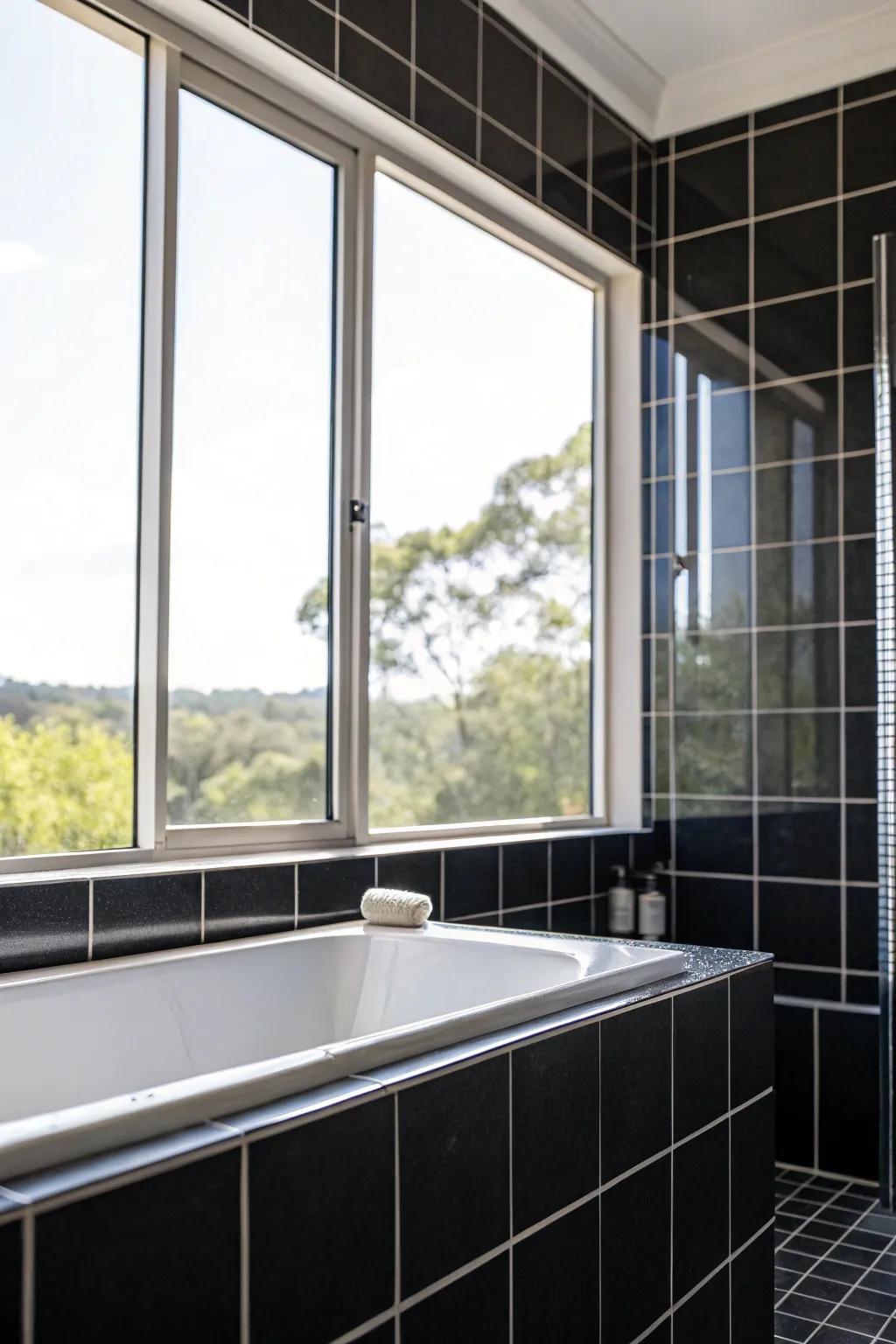 Sunlight streams into the bathroom, complementing the dark squares beautifully.