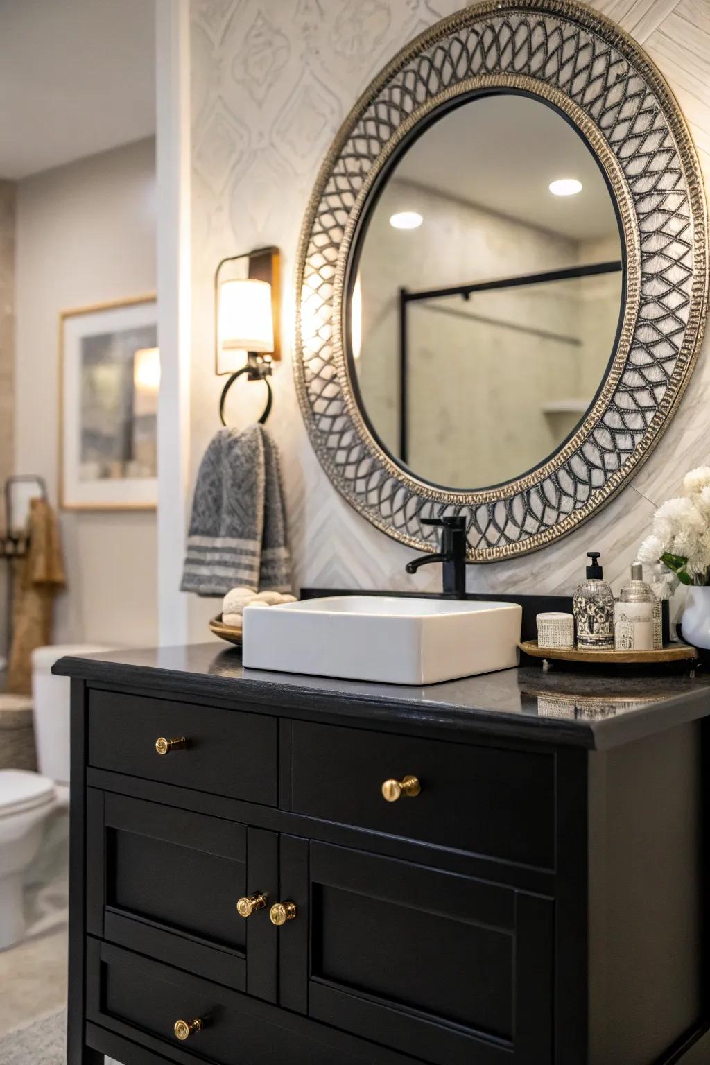 A prominent mirror above a dark washstand can transform the bathroom into an artistic space.
