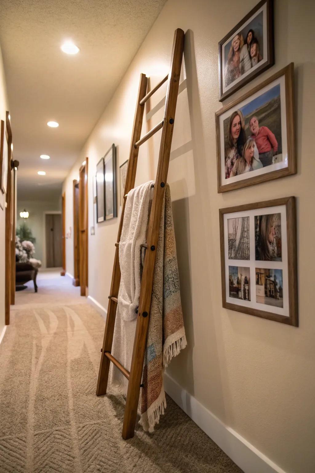 Photo frames add a personal touch to display stairs for throws decor.