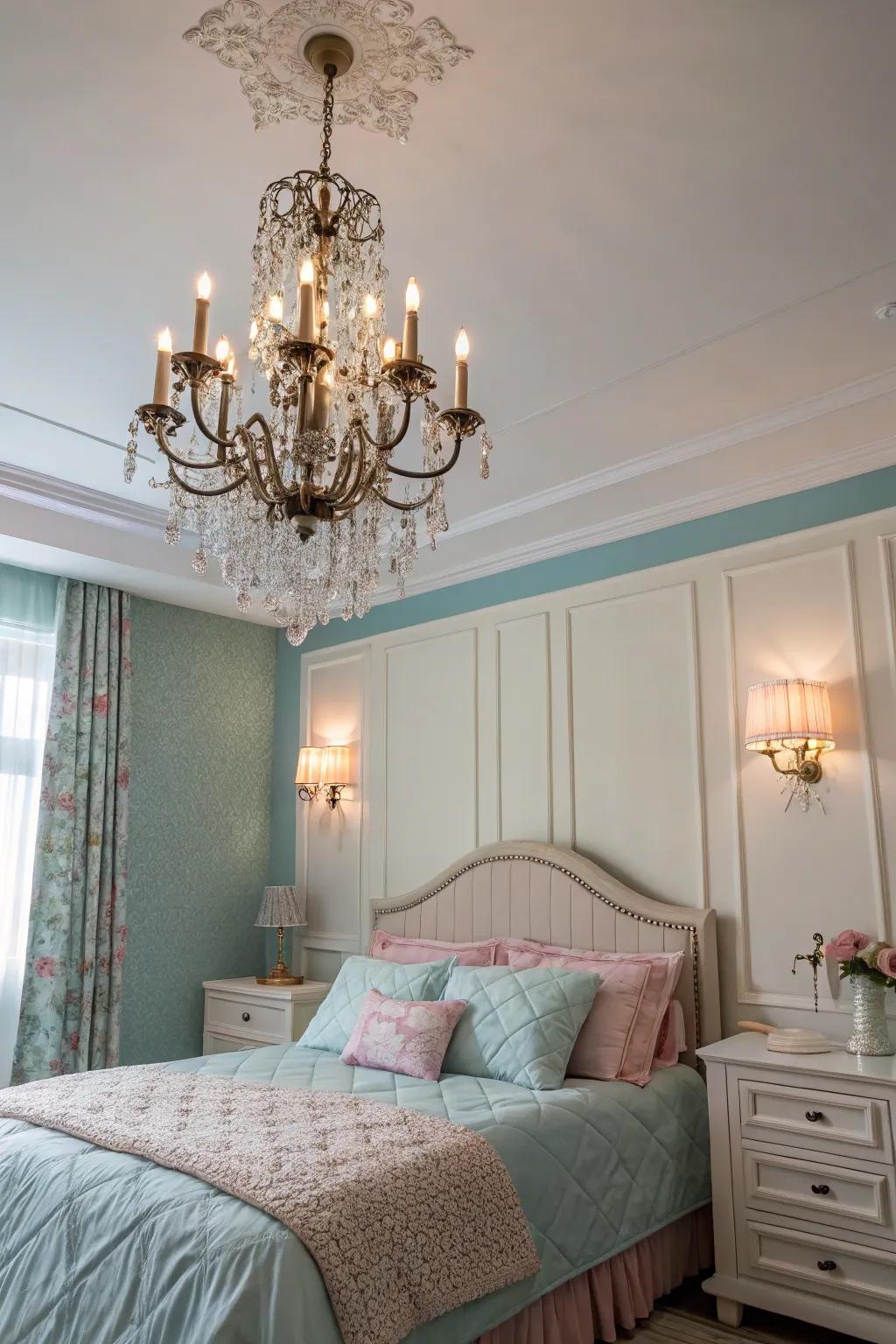 Chandeliers introduce a hint of elegance and enhance the room's ambiance.