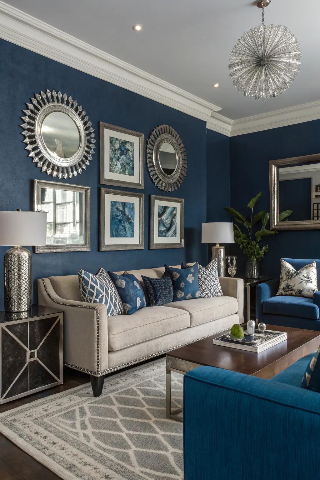 A deep blue prominent wall paired with silver mirrors creates dimension and drama.