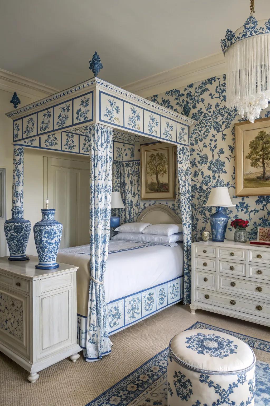 Chinoiserie details add an elegant touch to a blue and white themed bedroom.