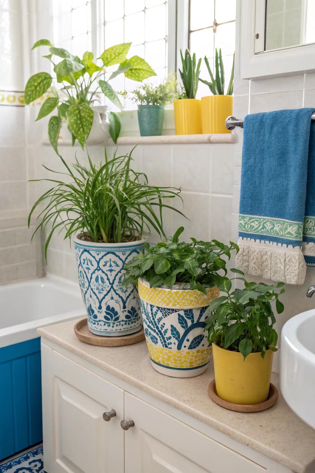 Green plants bring a fresh and organic touch to a cornflower and sunflower bathroom.