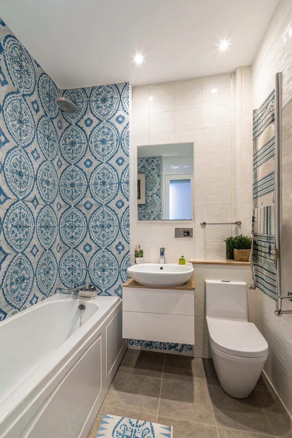Patterned blue wallcovering infuses individuality and allure.
