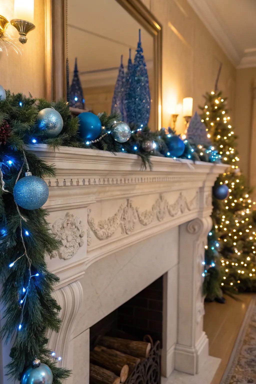 A snug azure-themed Christmas fireplace surround