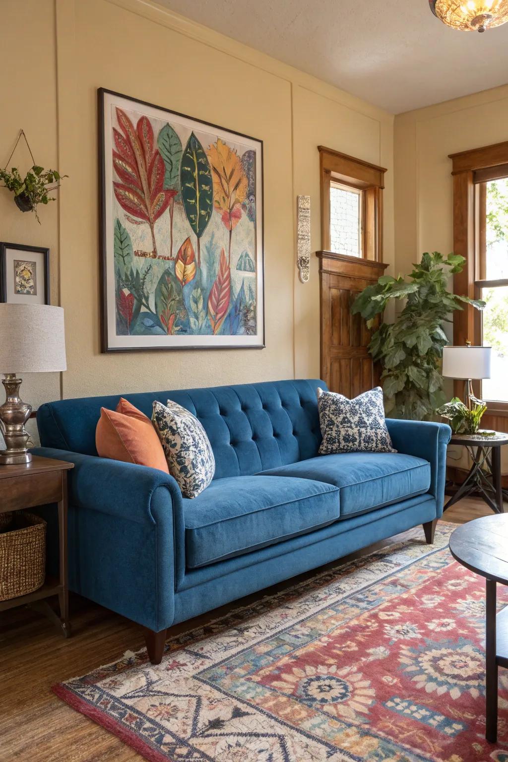 Wall art harmonizes with the cerulean settee, adding a personal flair.
