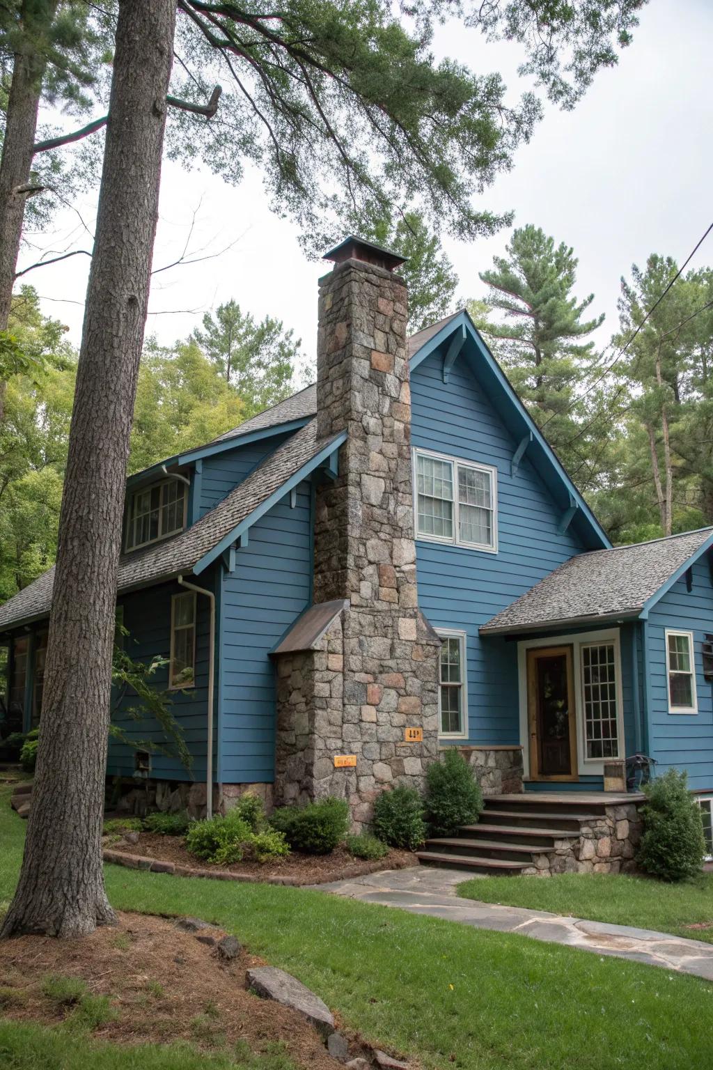 Stone features introduce texture and allure to blue dwellings.