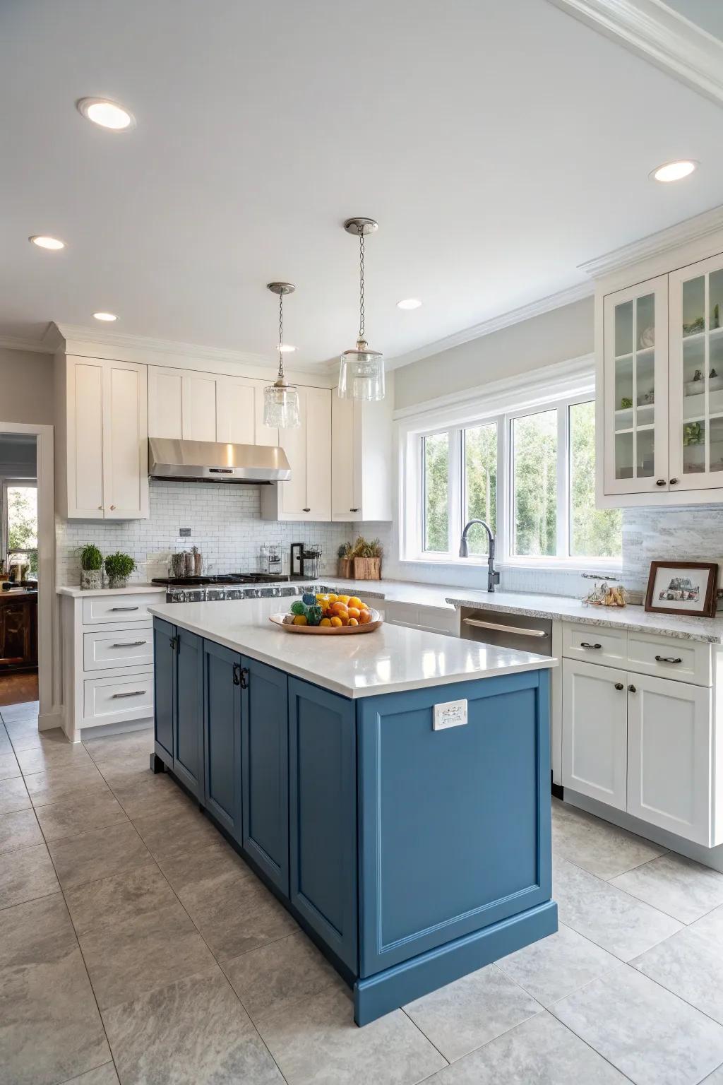 Dual-tone cabinetry combines azure with white for a modern and personalized kitchen design.