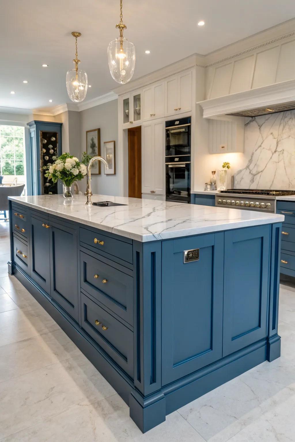 A stone worktop elevates the elegance of the cerulean kitchen cooking hub.