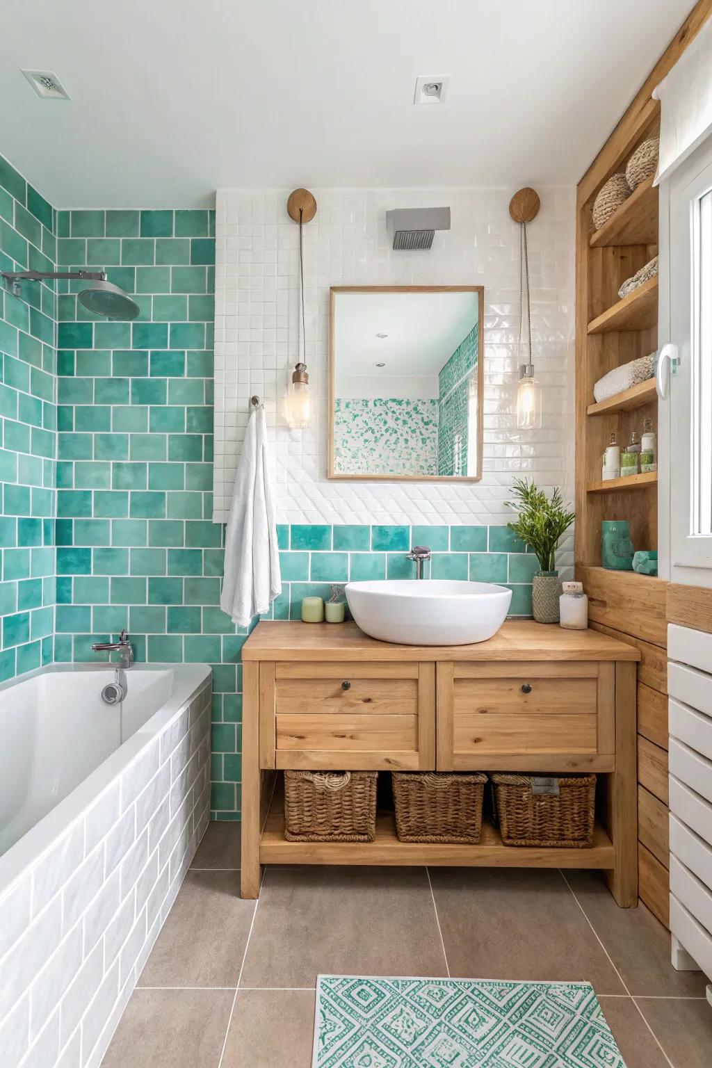 Aqua and turquoise tiles bring the calming essence of the coast into your home.