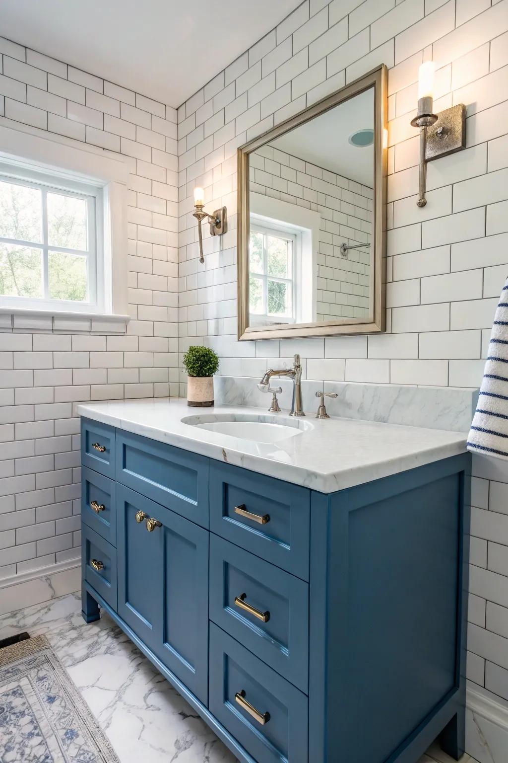 Complementary accents accentuate the allure of a blue vanity.