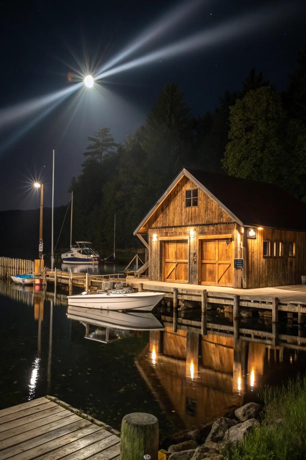 Spots and floods illuminate the boat house and wharf, birthing an audacious visual declaration.