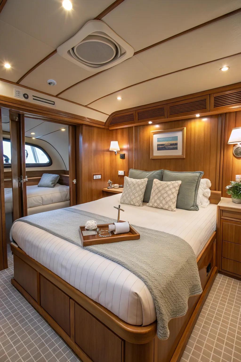 Luxurious bedding makes a compact bedroom feel like a haven.