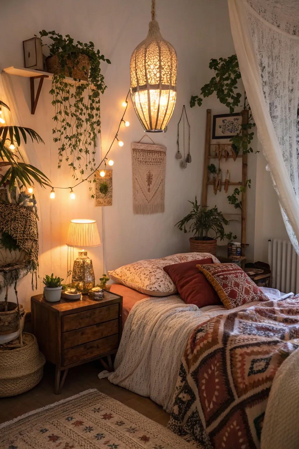 Comfortable illumination enhances the cozy atmosphere of a boho bedroom.