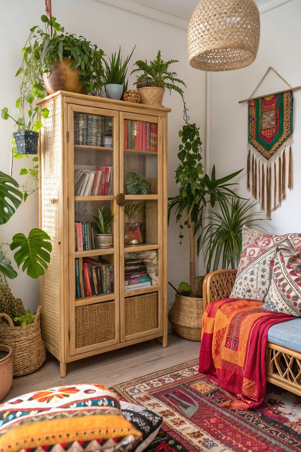 Wicker cabinets effortlessly merge design and functionality.