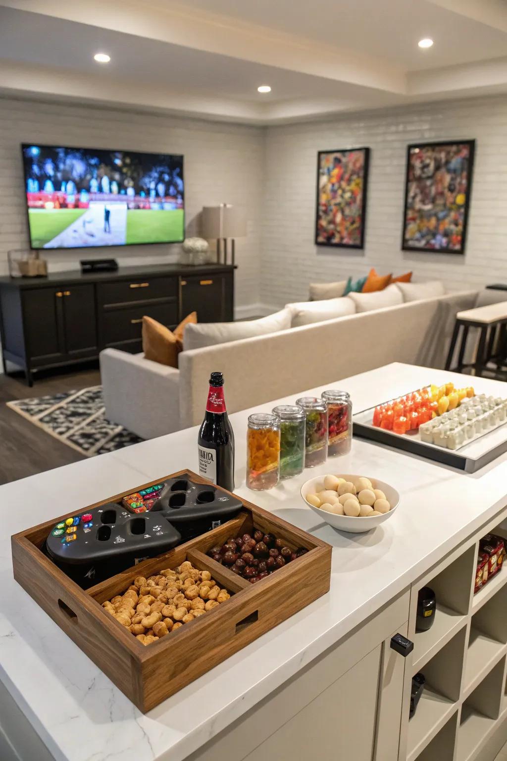 A handy refreshment corner enhances fun-filled game room gatherings.
