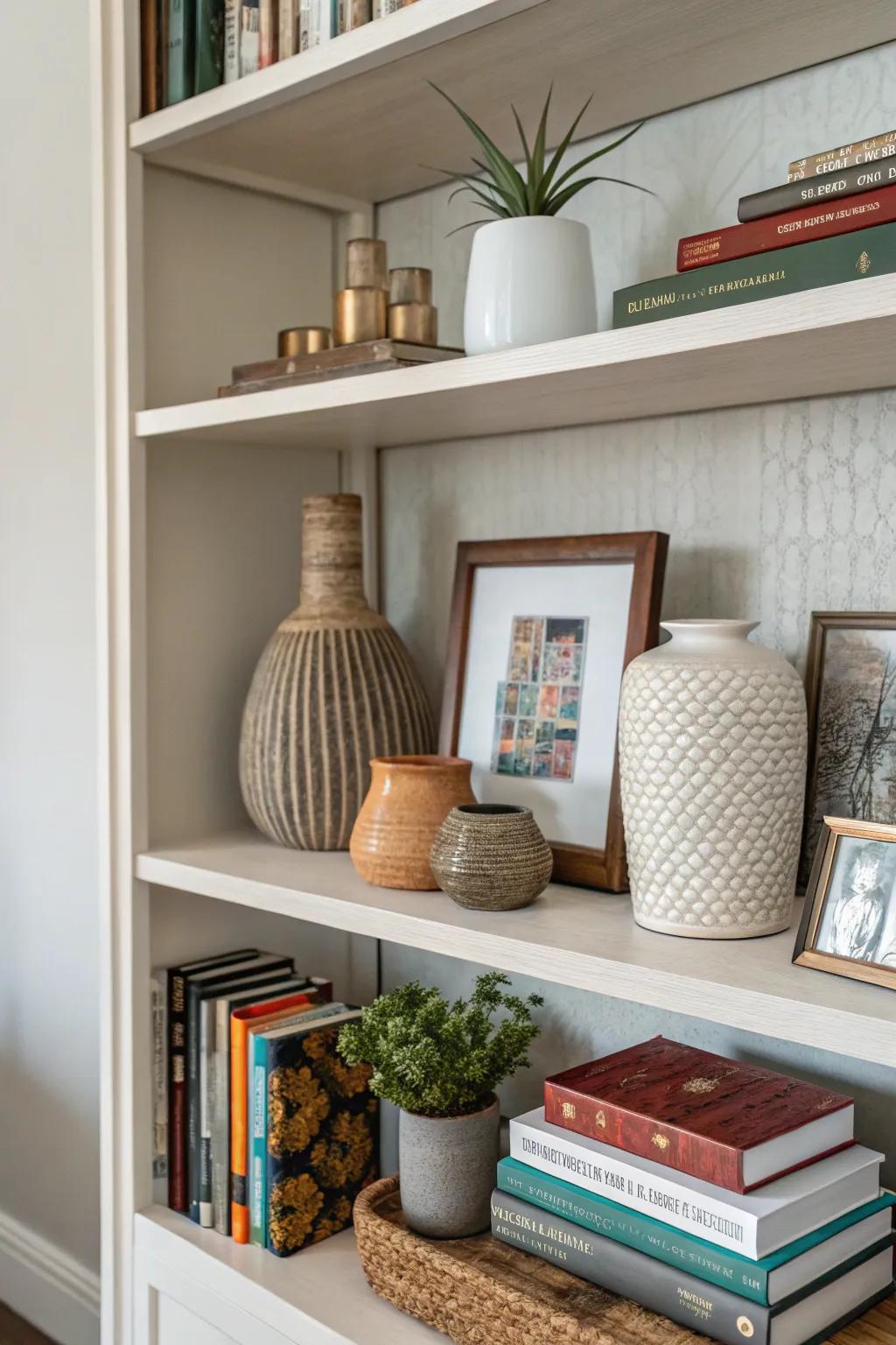 Layered ornamental components generate depth and visual intrigue on a shelving unit.