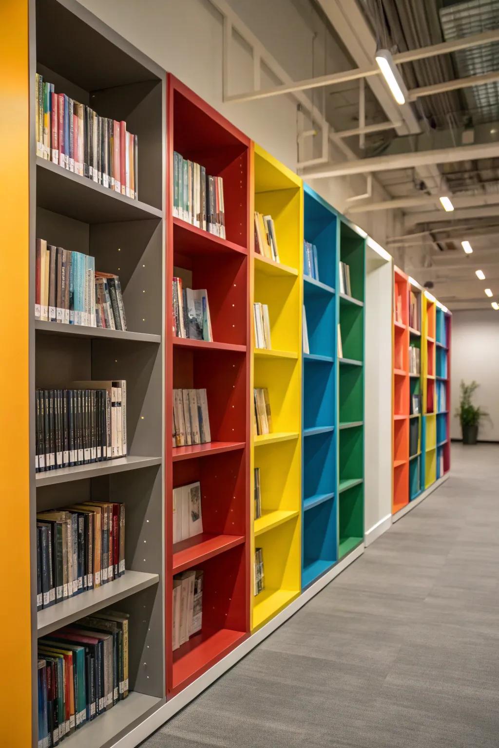 Accent hues introduce flair to bookshelves.