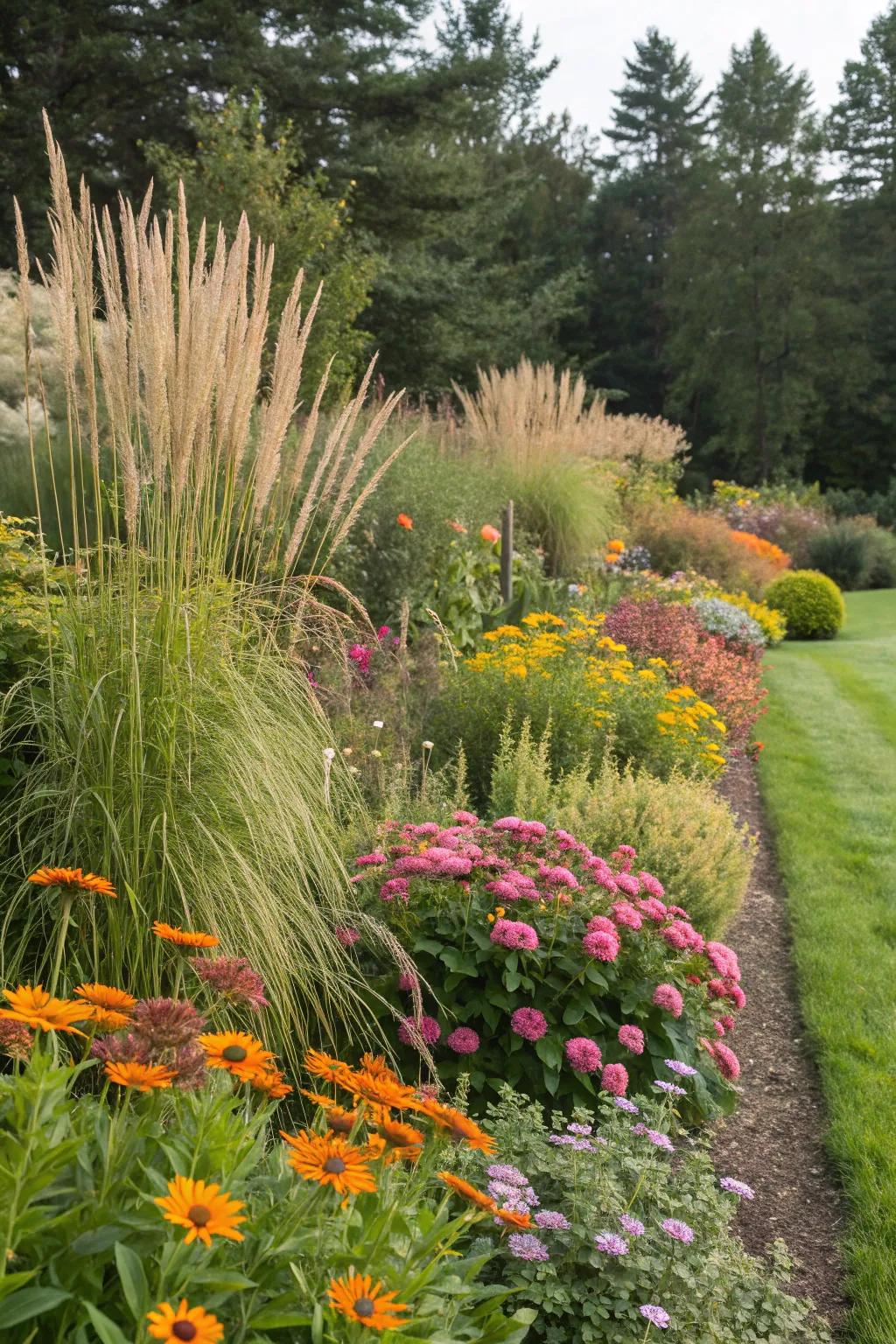 Decorative grasses paired with colorful herbaceous plants for dynamic interest.
