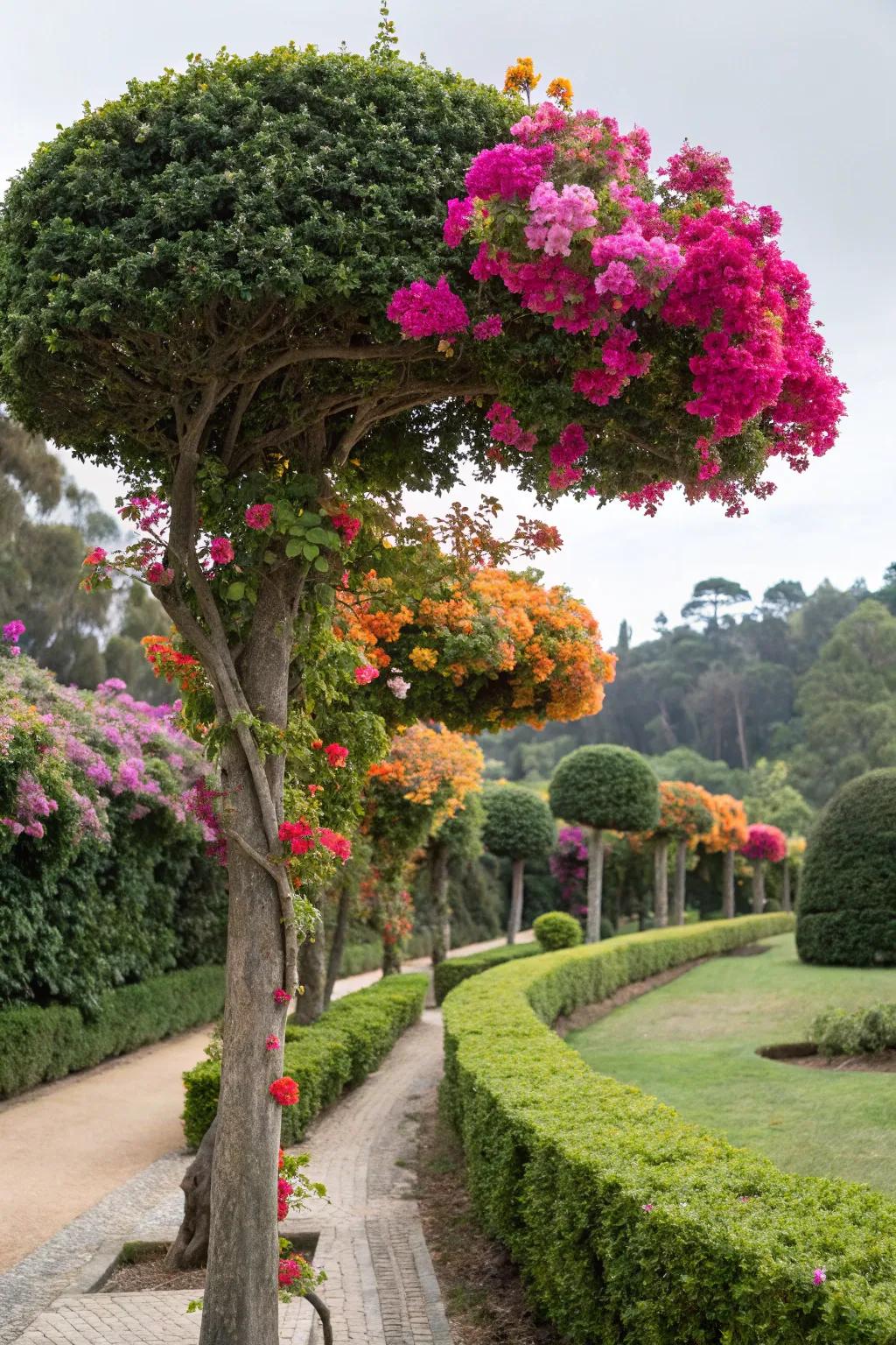 Bougainvillea adding color to sculpted trees within a garden.