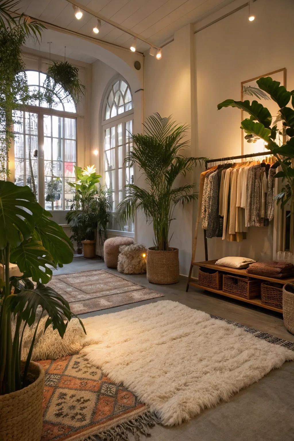 A boutique interior featuring inviting elements like lush floor coverings and vibrant plants for added warmth.