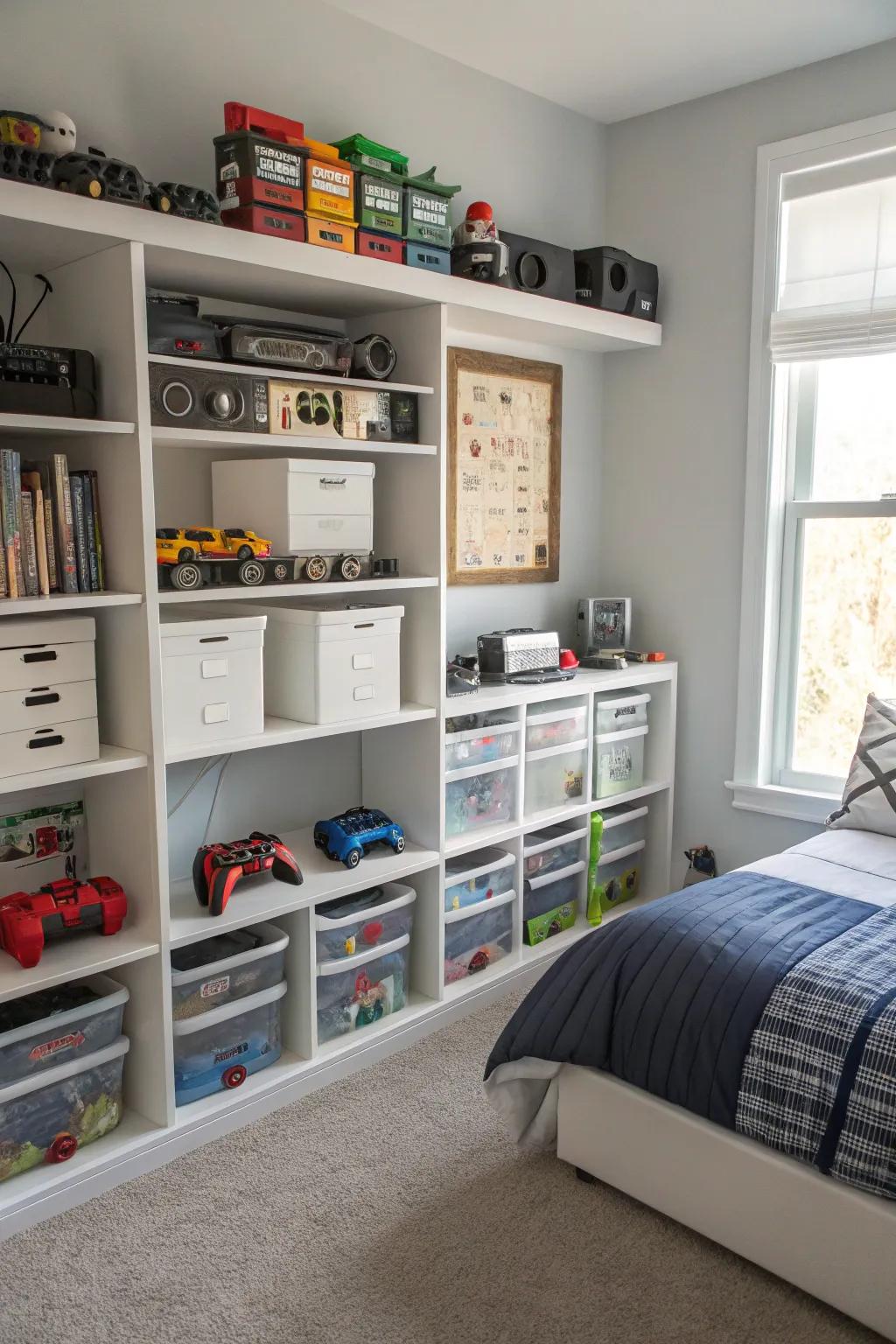 Shelves neatly arranged to house gaming accessories.
