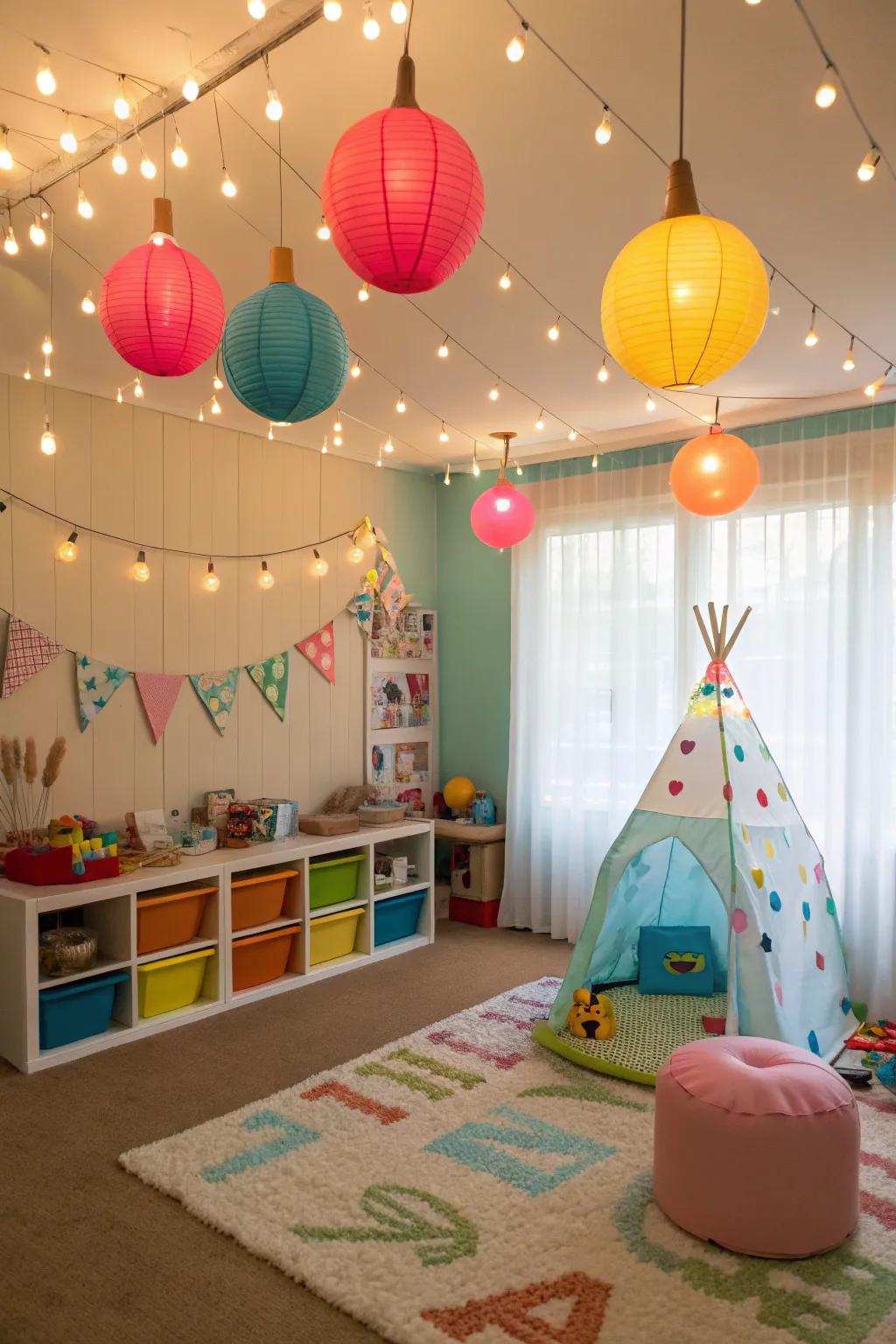 Distinctive lighting that introduces a magical sensation to the playroom.