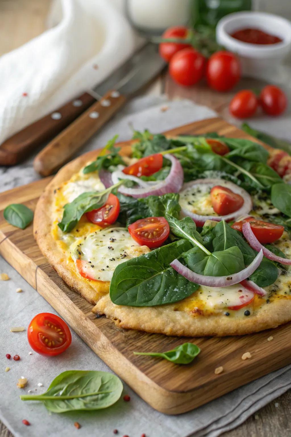 A savory breakfast pizza loaded with an abundance of fresh vegetables.